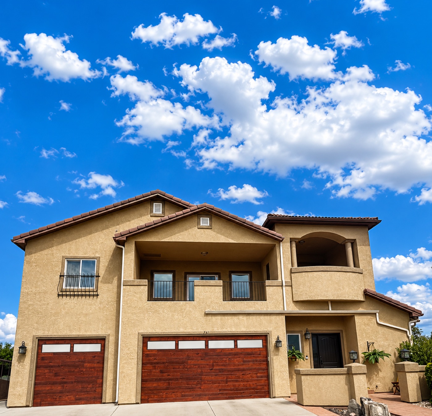 Two custom wood carriage-style garage doors on a Western Slope stucco home under blue sky