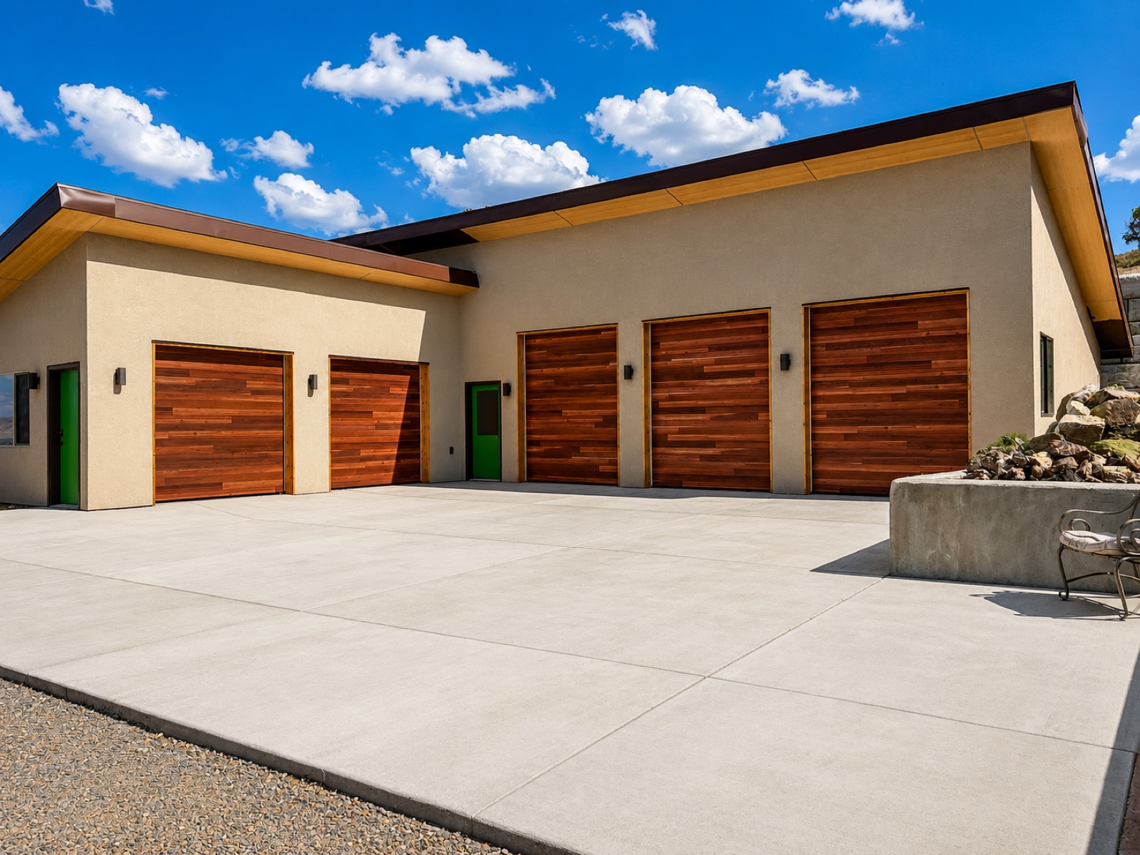 Multiple cedar garage doors on a modern Western Slope stucco home