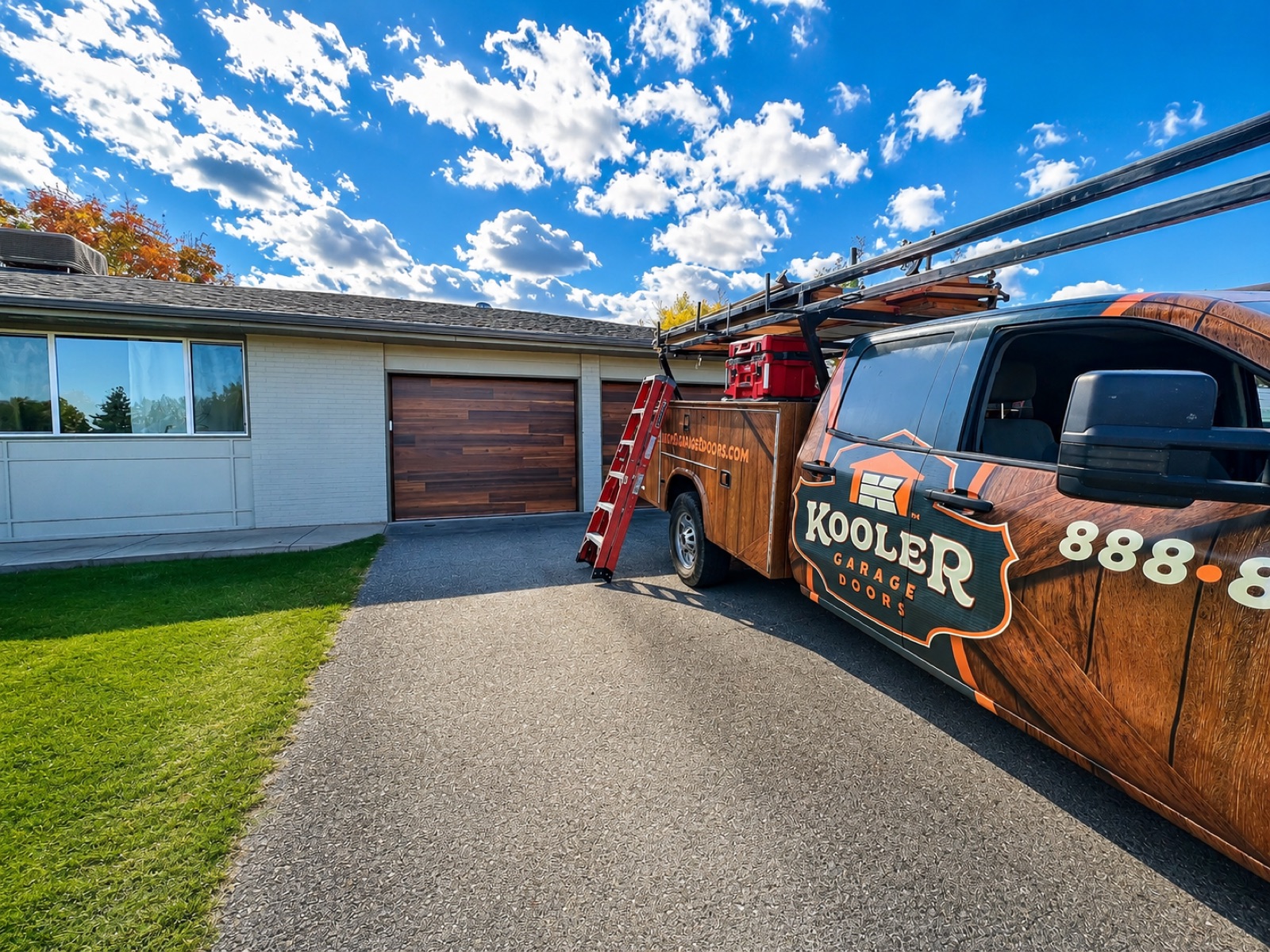 The wood-wrapped Kooler Garage Doors service truck parked at a job with a ladder and a new wood door in the background