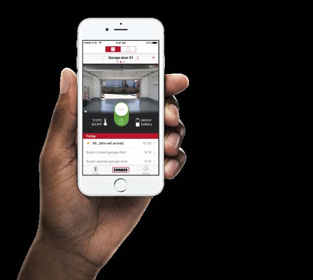 The SOMweb app open on a phone showing live garage door status and alerts
